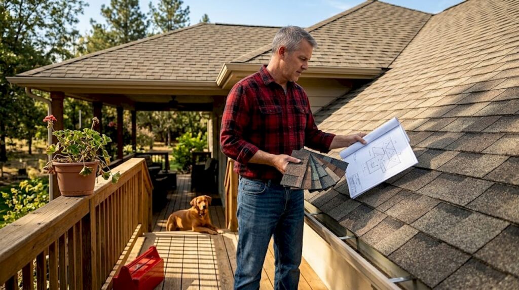 Homeowner checks architectural shingle samples outdoors