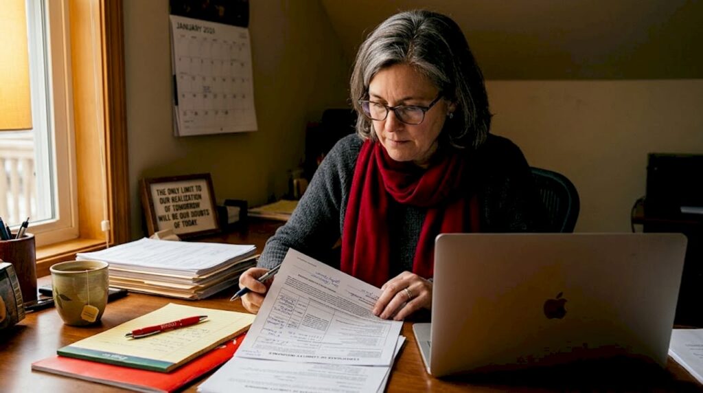 Homeowner reviewing insurance certificate at kitchen table