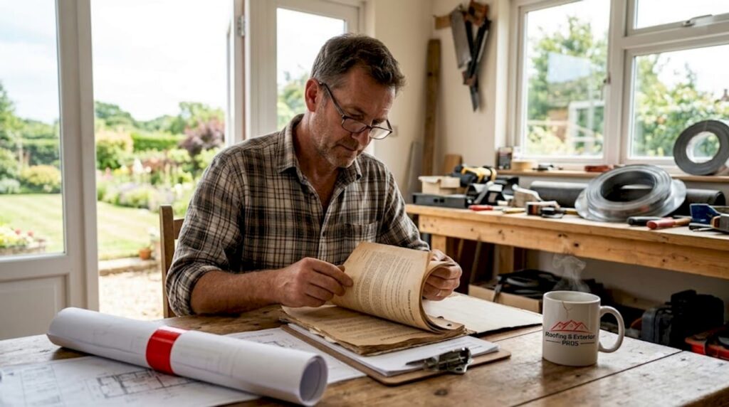 Roofer reading contract at kitchen table