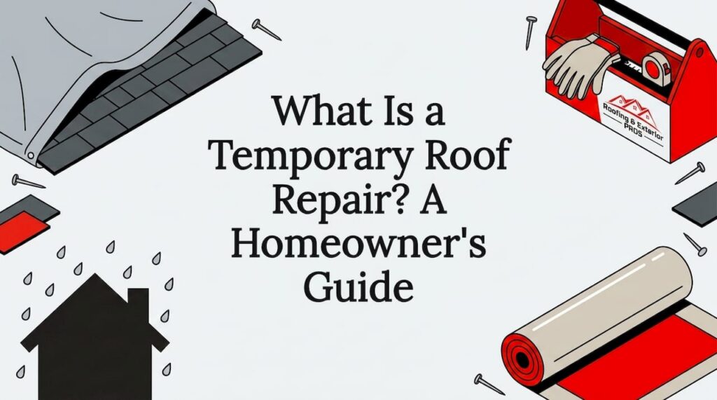 Decorative title card with flat vector roof repair tools