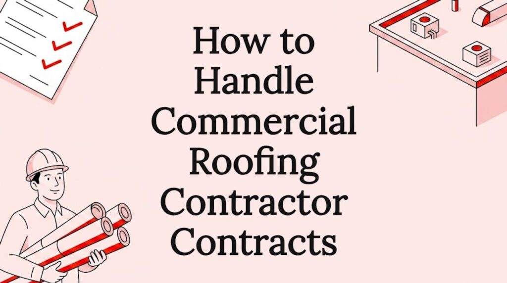 Decorative title card with roofing and contract illustrations