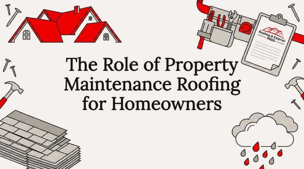Decorative roofing maintenance title card illustration