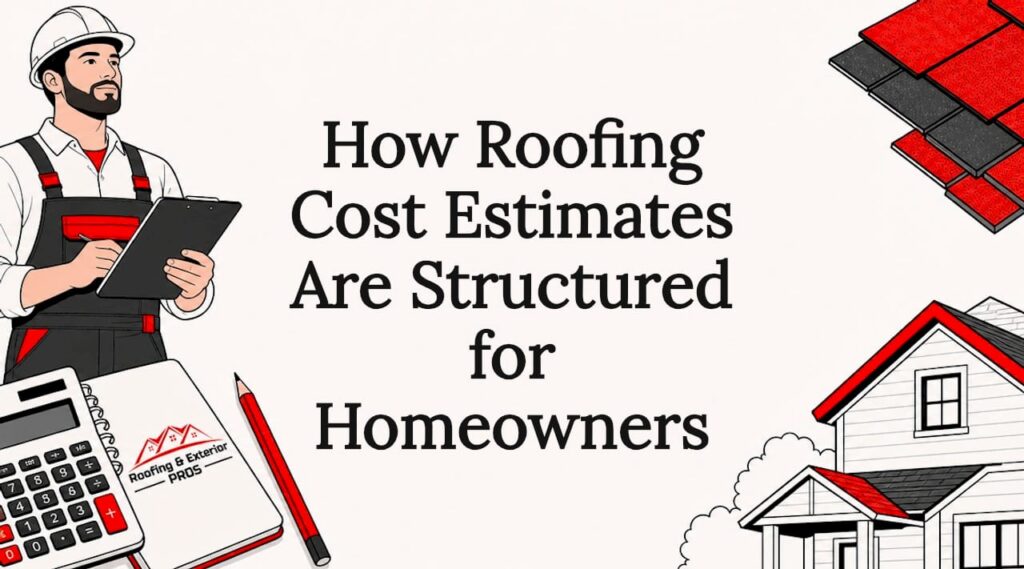 Decorative title card illustration for roofing cost estimates article