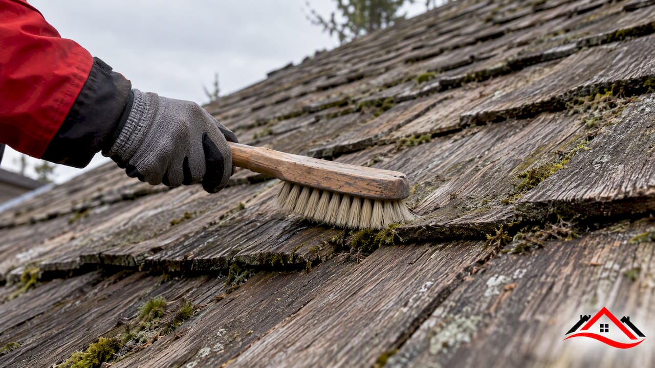Moss on cedar shakes with gentle brushing