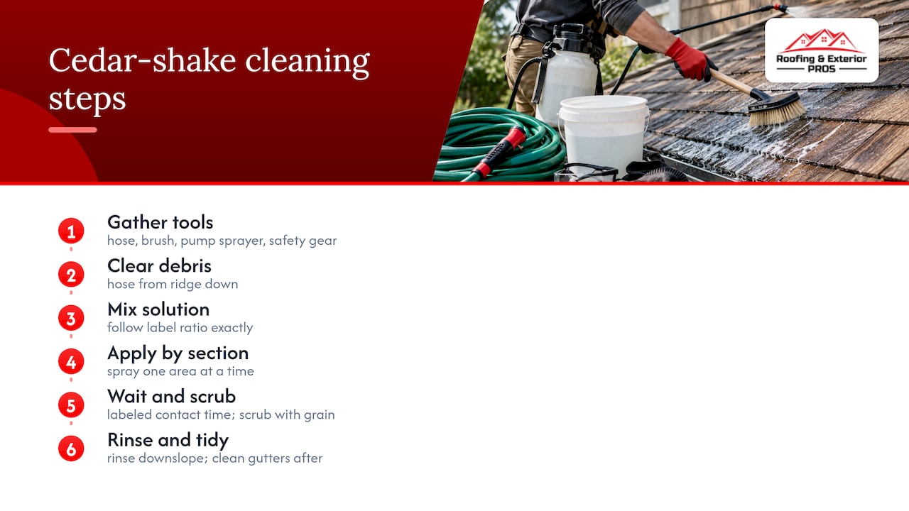 Cedar shake cleaning steps from rinse to gutters